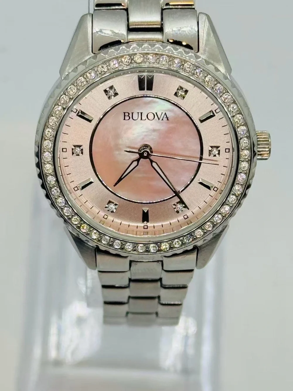 Bulova Women’s Quartz Watch Pink Mother of Pearl Crystal Bezel New Battery Runs